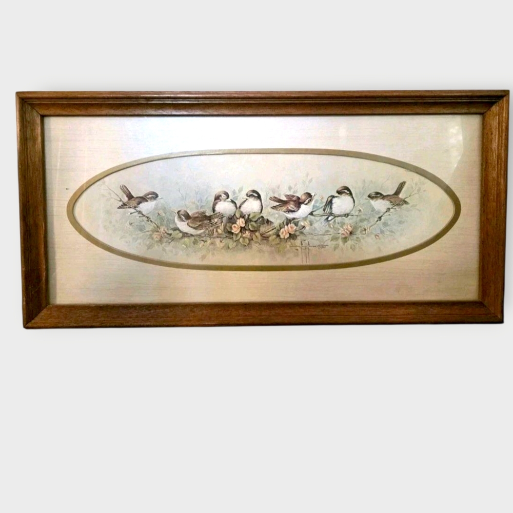 Very Sweet Framed Print Birds On Pink Rose Branch Oval  Marge Morrow